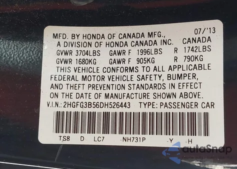 2013 Honda Civic Lx from USA, damaged, VIN 2HGFG3B56DH526443